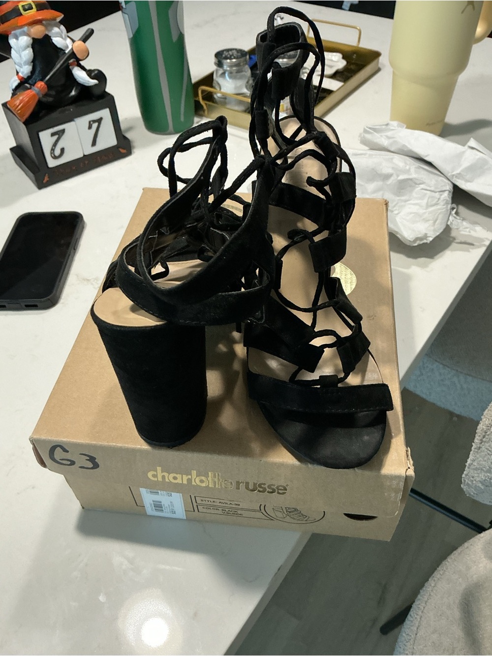 Charlotte Russe Black Suede Lace-Up Block Heel Sandals